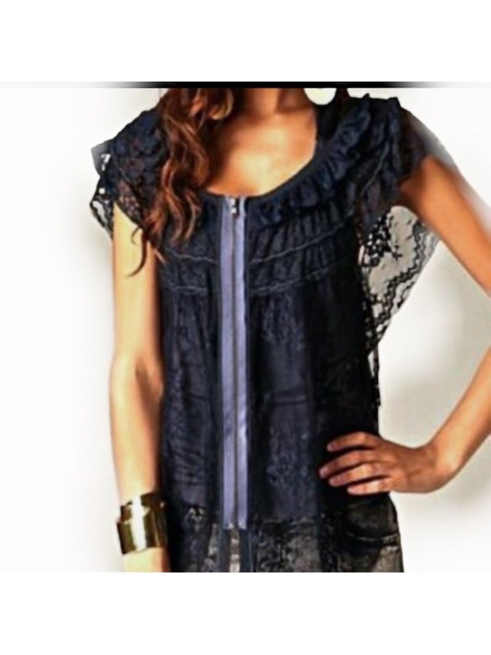 Free People Navy Lace Zip Blouse